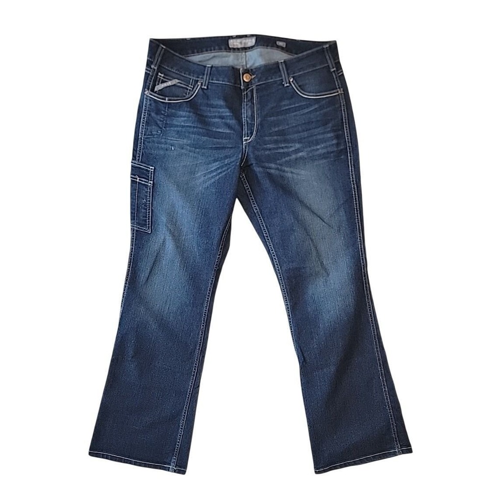 Ariat Rebar Mid Rise Boot Cut Jeans Mens 34R Dark Wash Utility Pocket Blue